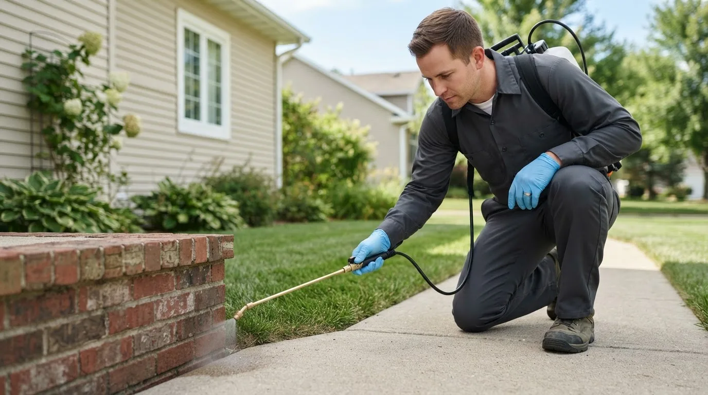 Pest control technician treating a home near Creswell, OR