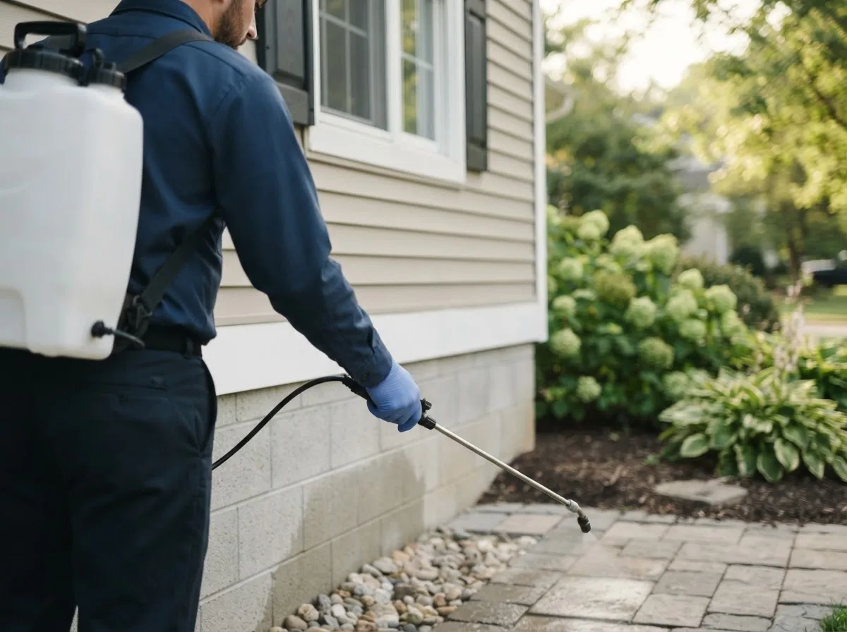 Pest control technician inspecting a home in Creswell, OR
